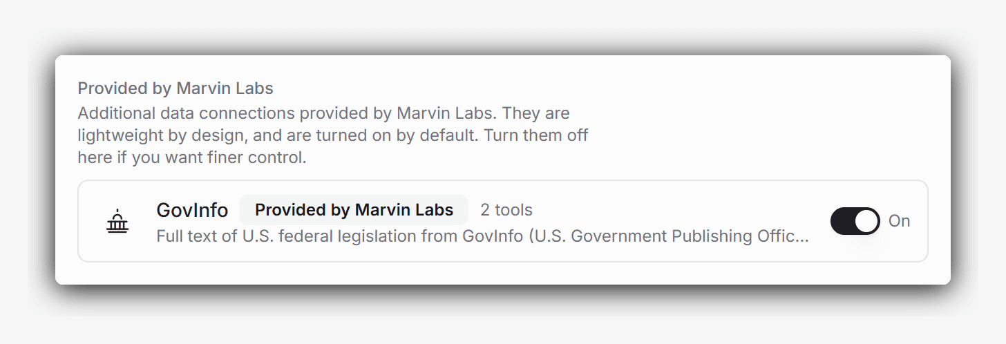 The Provided by Marvin Labs section of the MCP settings page, showing the GovInfo connector with two tools and its switch turned on