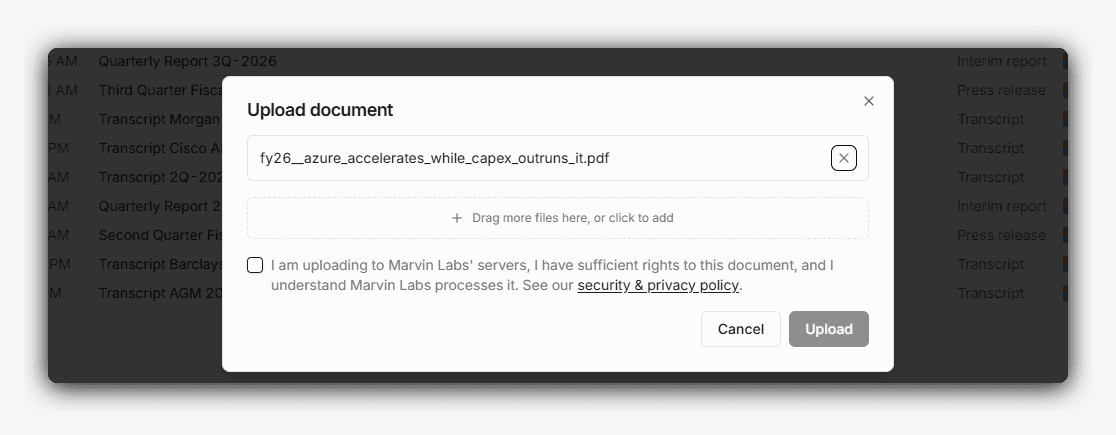 The Upload document dialog in Marvin Labs, with a selected PDF, a field to add more files, and a checkbox confirming upload rights