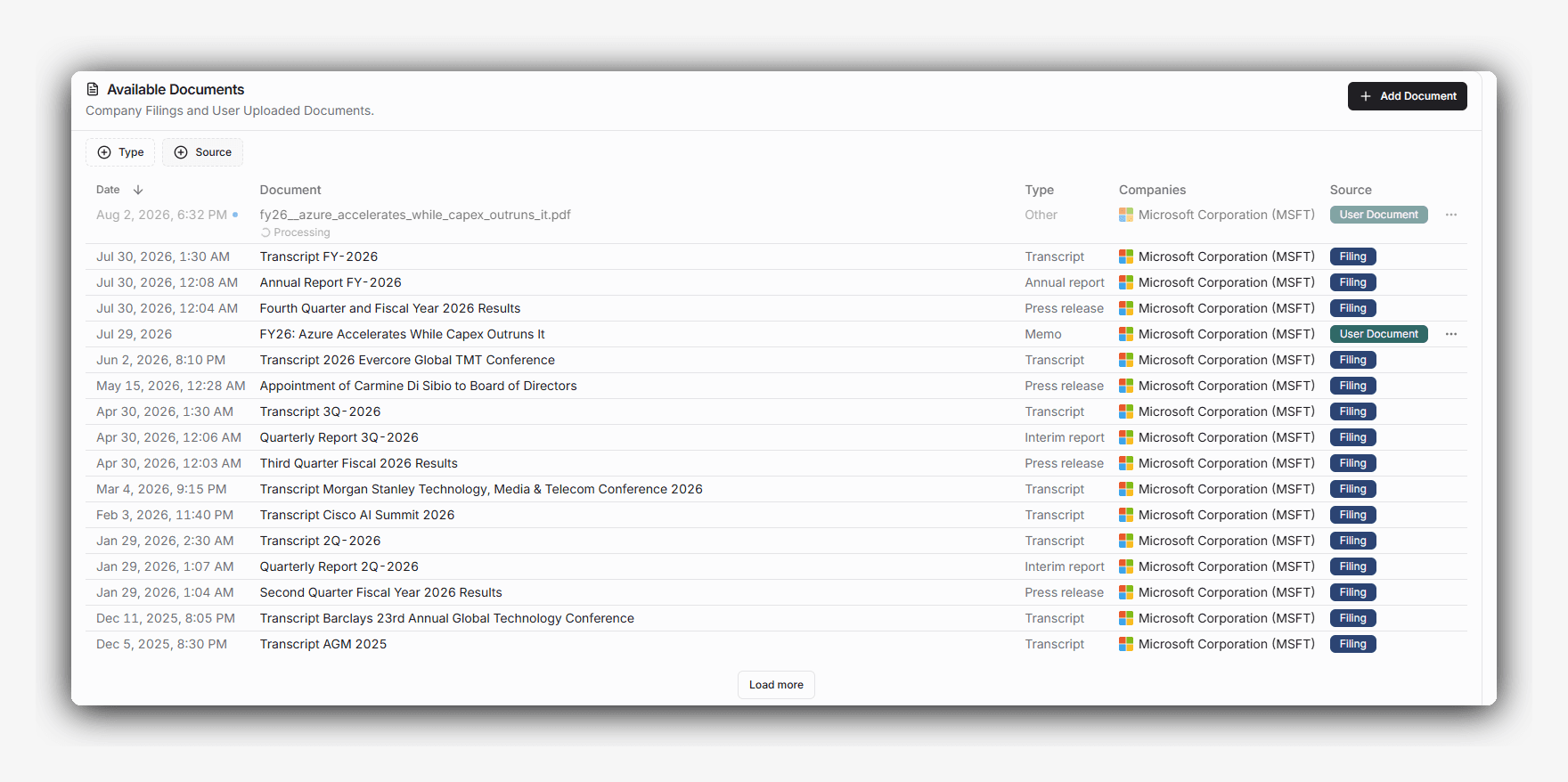 The Available Documents list in Marvin Labs showing an uploaded file still processing at the top, a parsed user memo tagged as a Memo, and Microsoft filings below, with a Source column marking each row as either User Document or Filing