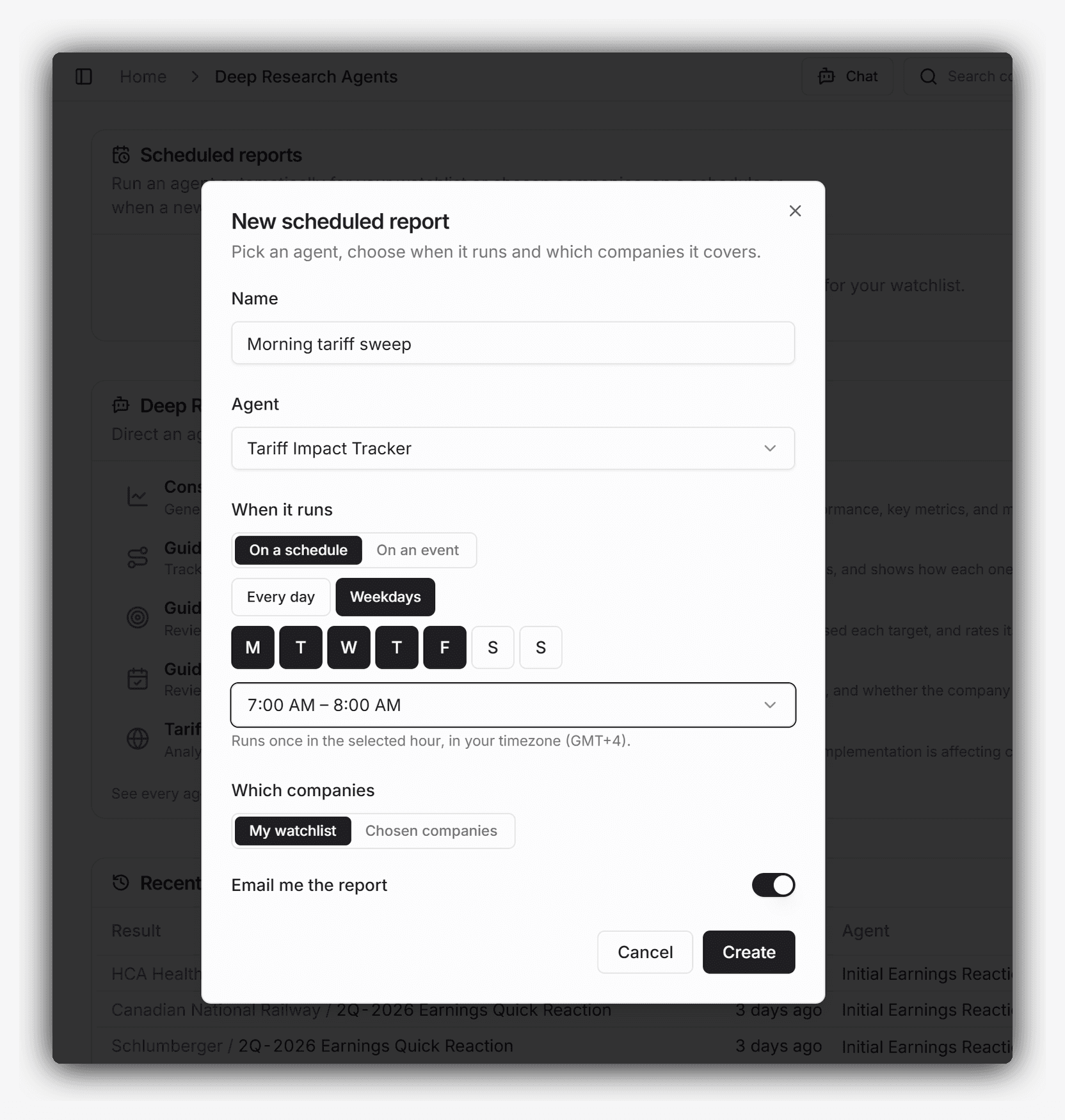 The New scheduled report dialog in Marvin Labs, filled in: a report named Morning tariff sweep running the Tariff Impact Tracker on a schedule, weekdays in the 7:00 to 8:00 AM window, across the watchlist, with email delivery on