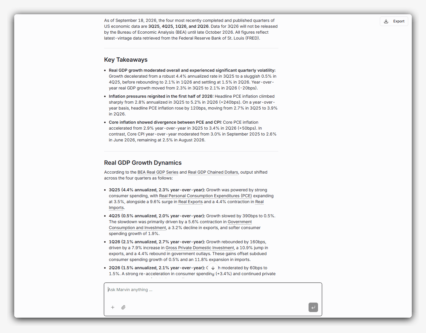 AI Analyst Chat researching US inflation and real GDP growth, with takeaways and links to FRED economic series