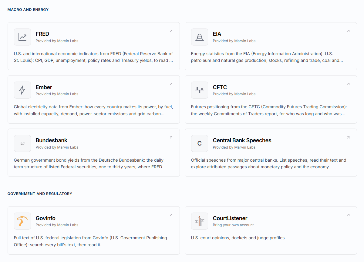 The Marvin Labs connector catalog showing Macro and energy sources including FRED, EIA, Ember, CFTC, Bundesbank, and Central Bank Speeches, plus Government and regulatory sources GovInfo and CourtListener