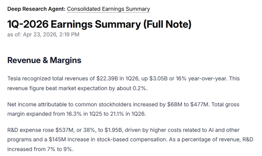 The opening of a Deep Research Agent's Tesla 1Q-2026 earnings review: revenue of $22.39B, up 16% year over year, net income, gross margin and R&D paragraphs